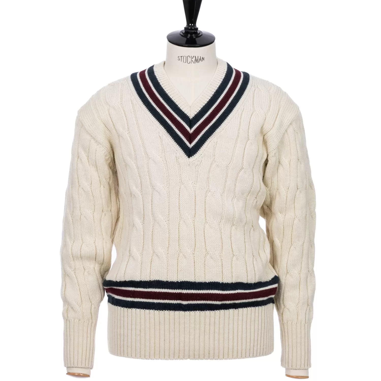 Strickwaren>Fox Brothers x MJ: Original Cricket Pullover "Fox Club" aus britischer Wolle Naturweiß-OffWhite
