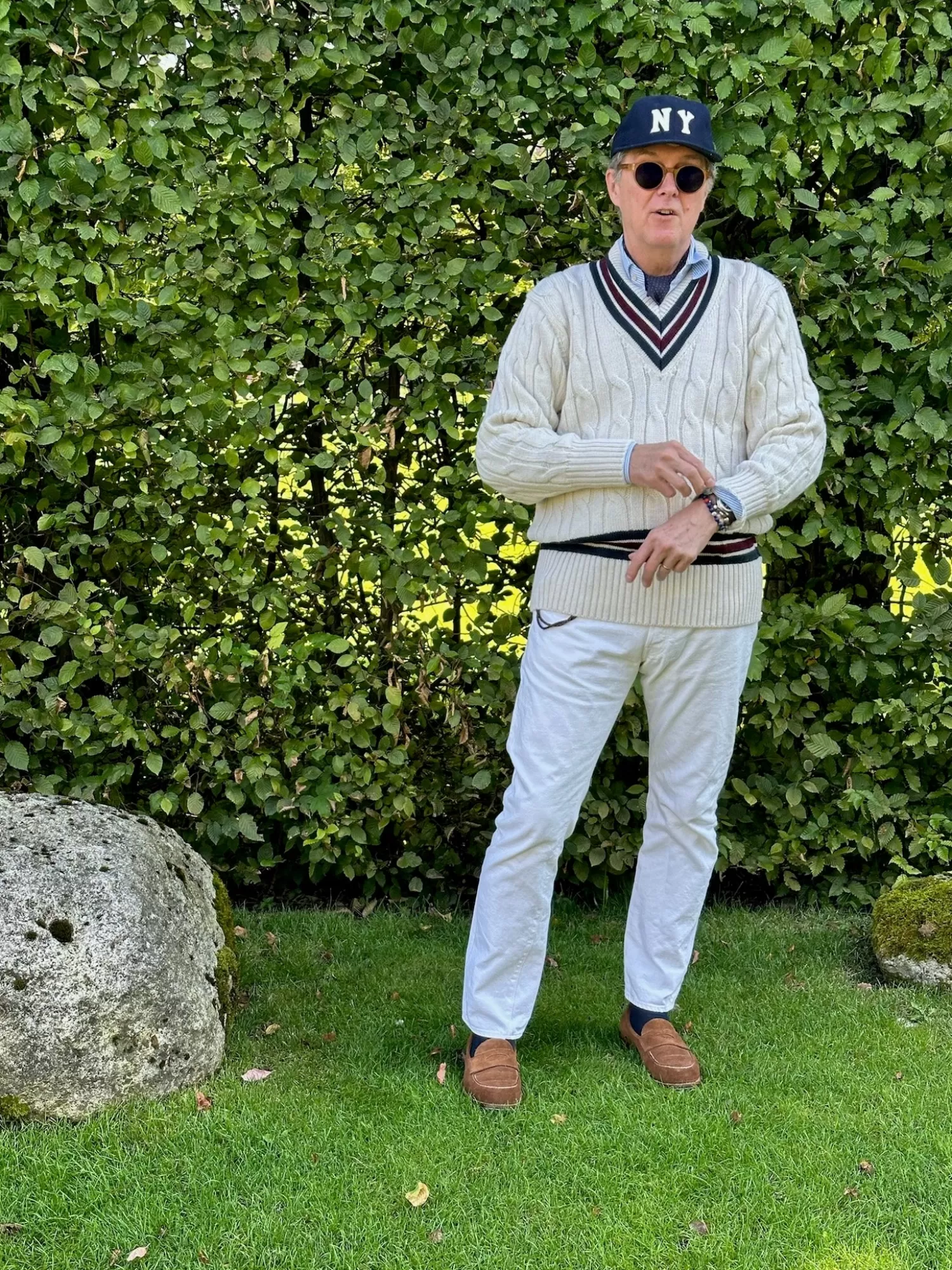Strickwaren>Fox Brothers x MJ: Original Cricket Pullover "Fox Club" aus britischer Wolle Naturweiß-OffWhite