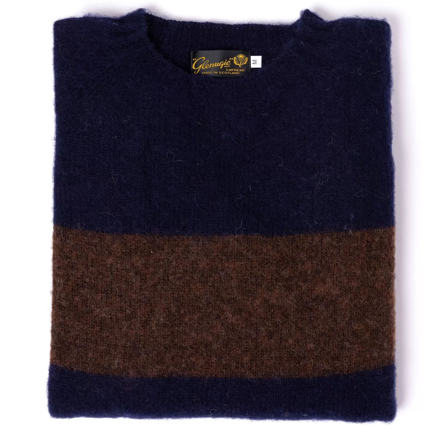 Strickwaren>Glenugie exklusiv x MJ: Pullover "College Stripe Jumper" aus reiner Wolle - Circulate Knit Pure Brushed Shetland Dunkelblau/Kaffeebraun-NewNavy/Coffee
