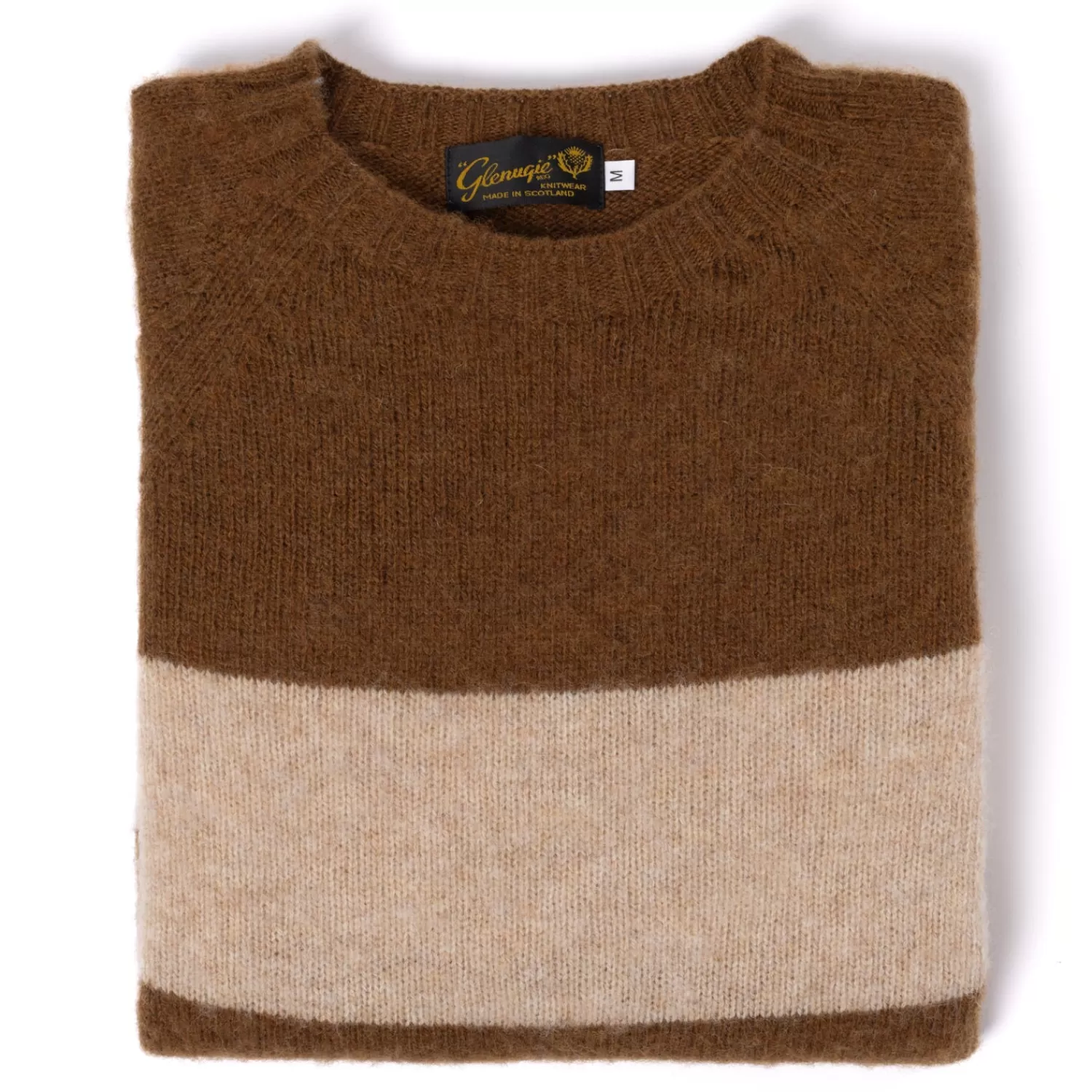 Strickwaren>Glenugie exklusiv x MJ: Pullover "College Stripe Jumper" aus reiner Wolle - Circulate Knit Pure Brushed Shetland Rostbraun/Sand-Pecan/Tusk