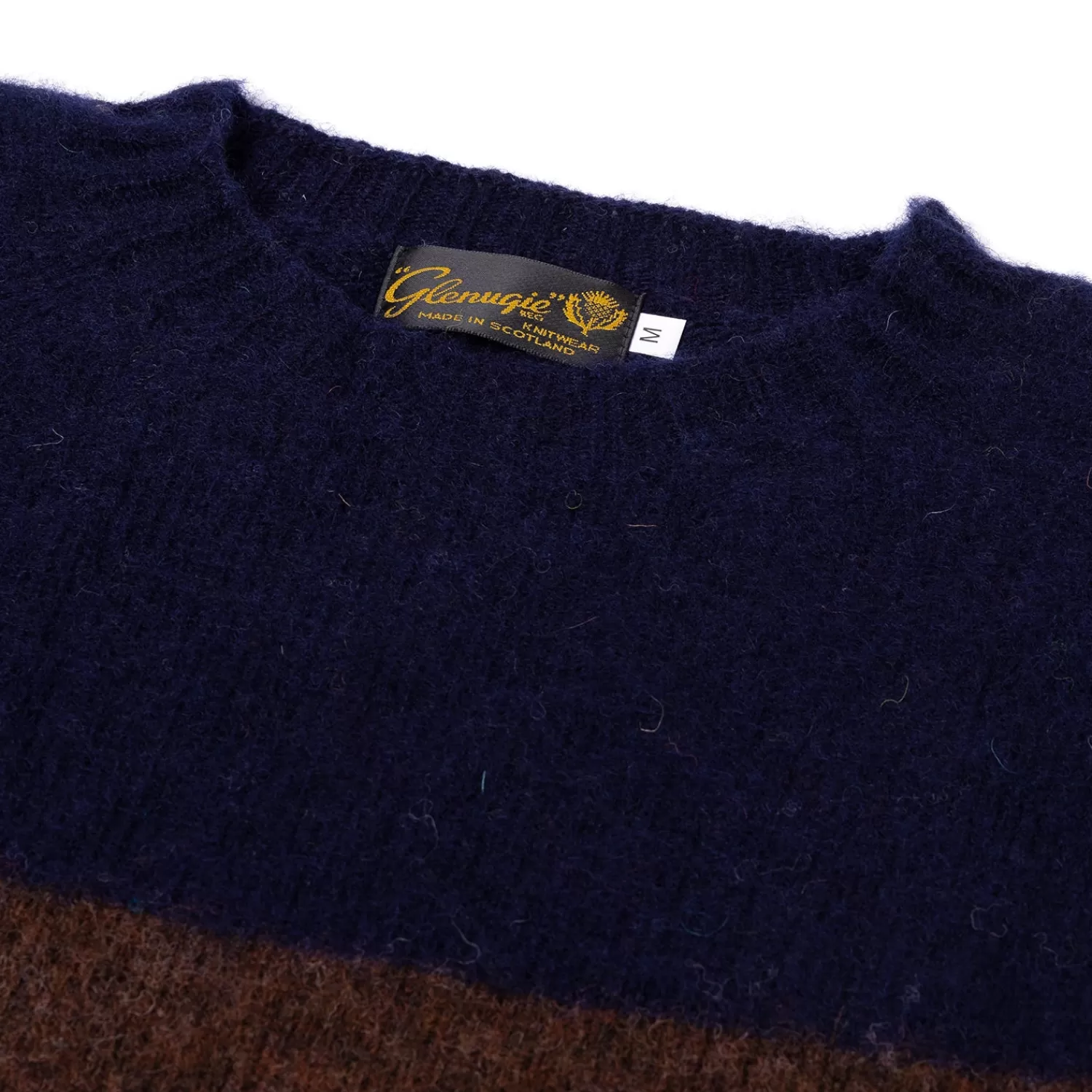 Strickwaren>Glenugie exklusiv x MJ: Pullover "College Stripe Jumper" aus reiner Wolle - Circulate Knit Pure Brushed Shetland Dunkelblau/Kaffeebraun-NewNavy/Coffee