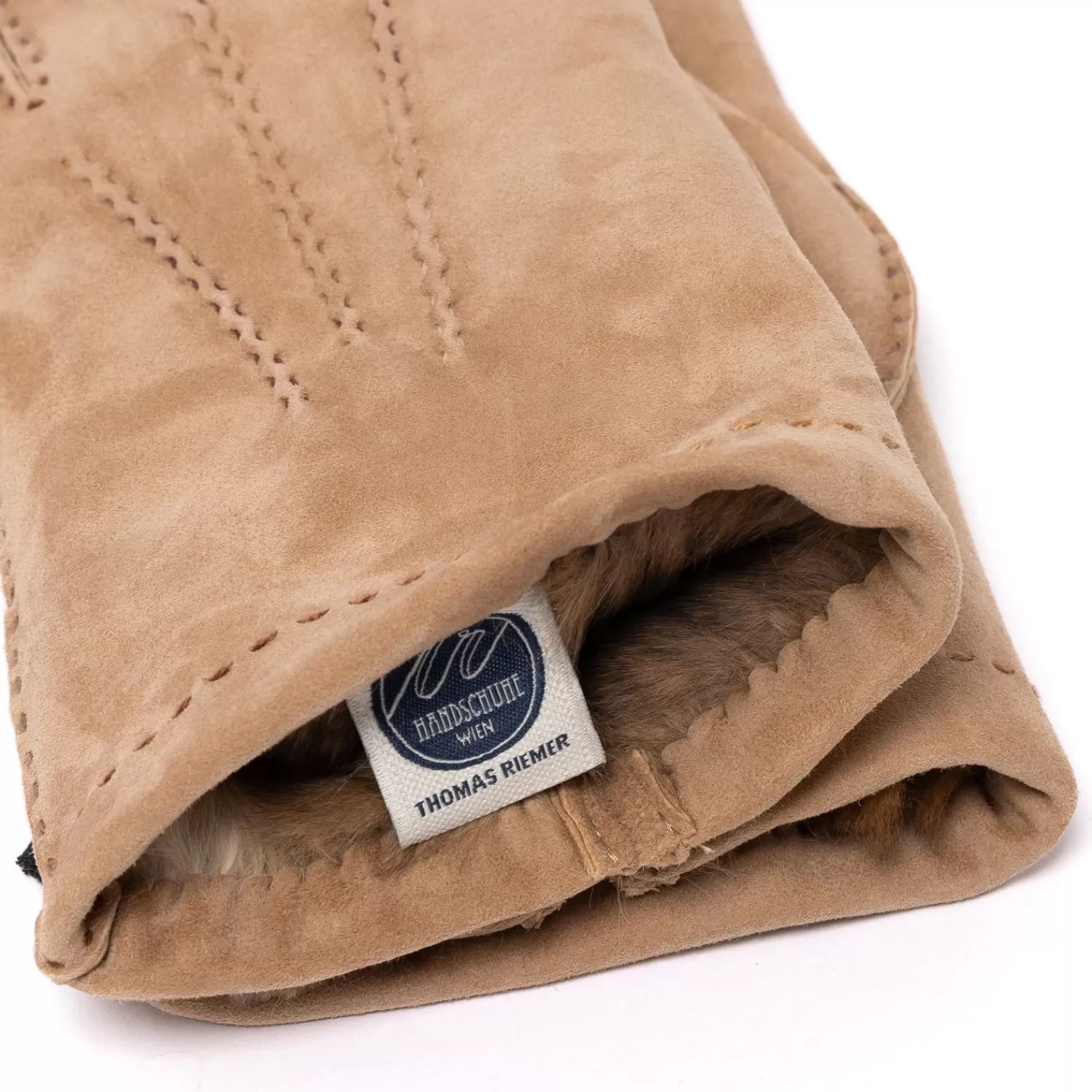 Handschuhe>Thomas Riemer Wien Handschuh "Esterhazy" aus Rentierleder mit Futter aus Orylag-Kaninchenfell - handgenäht Hellbraun-Nut