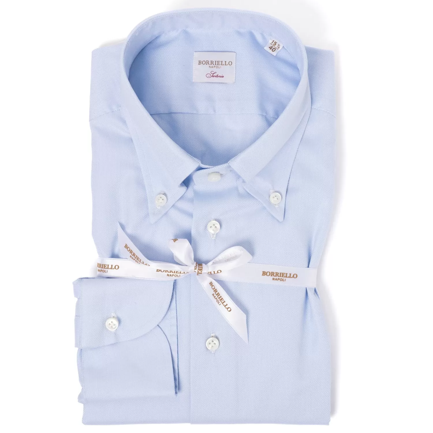 Hemden>Borriello Hellblaues Hemd "Royal Oxford" mit Button Down Kragen und Sportmanschette - Handarbeit Hellblau-BluCeleste