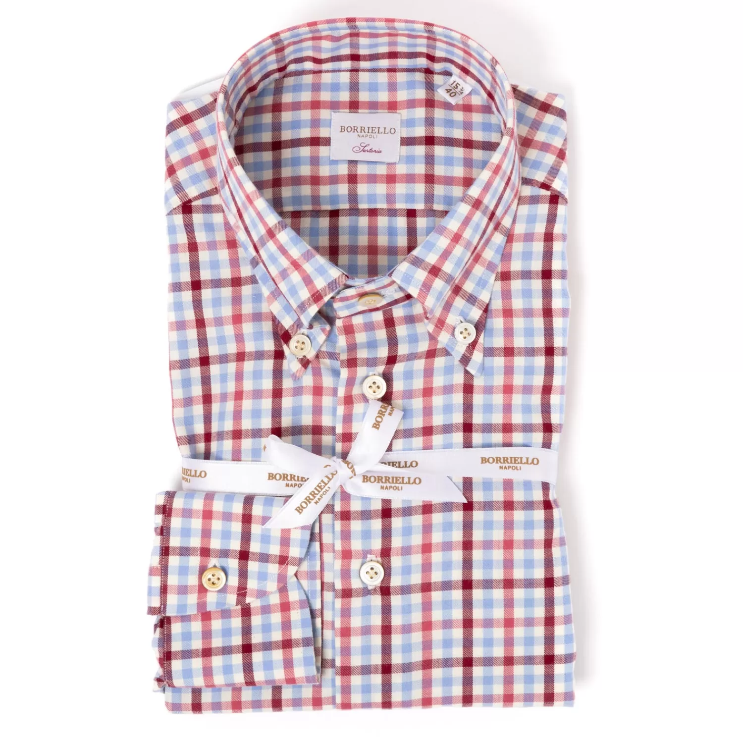 Hemden>Borriello Kariertes Hemd "Brushed Twill" mit Button Down Kragen und Sportmanschette - Handarbeit