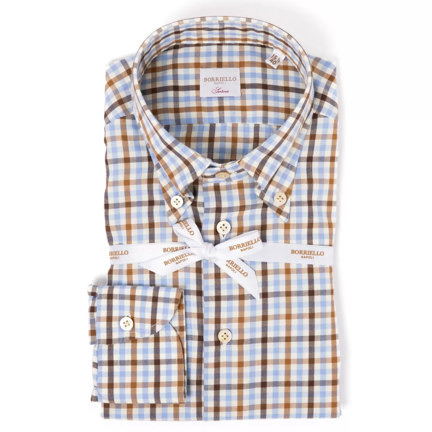 Hemden>Borriello Kariertes Hemd "Brushed Twill" mit Button Down Kragen und Sportmanschette - Handarbeit