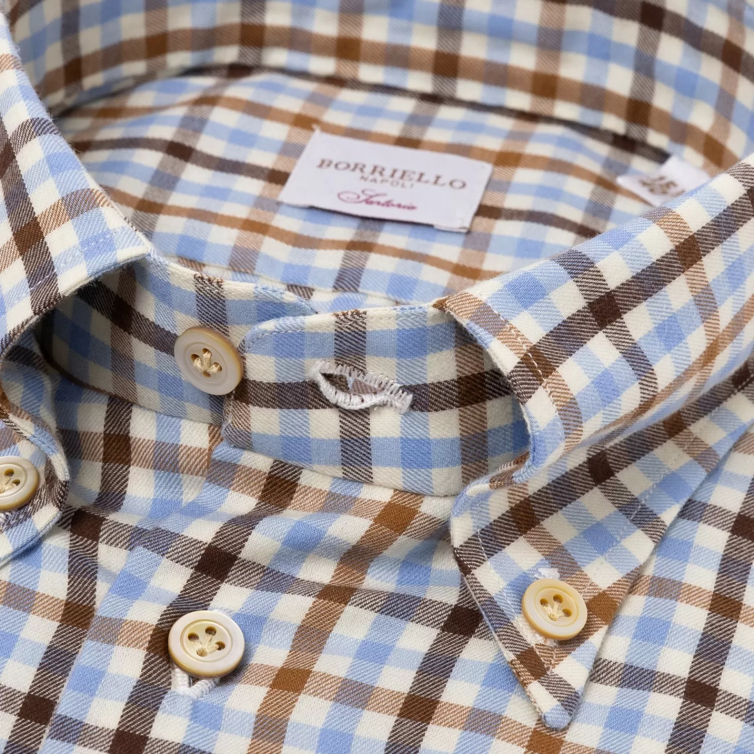 Hemden>Borriello Kariertes Hemd "Brushed Twill" mit Button Down Kragen und Sportmanschette - Handarbeit