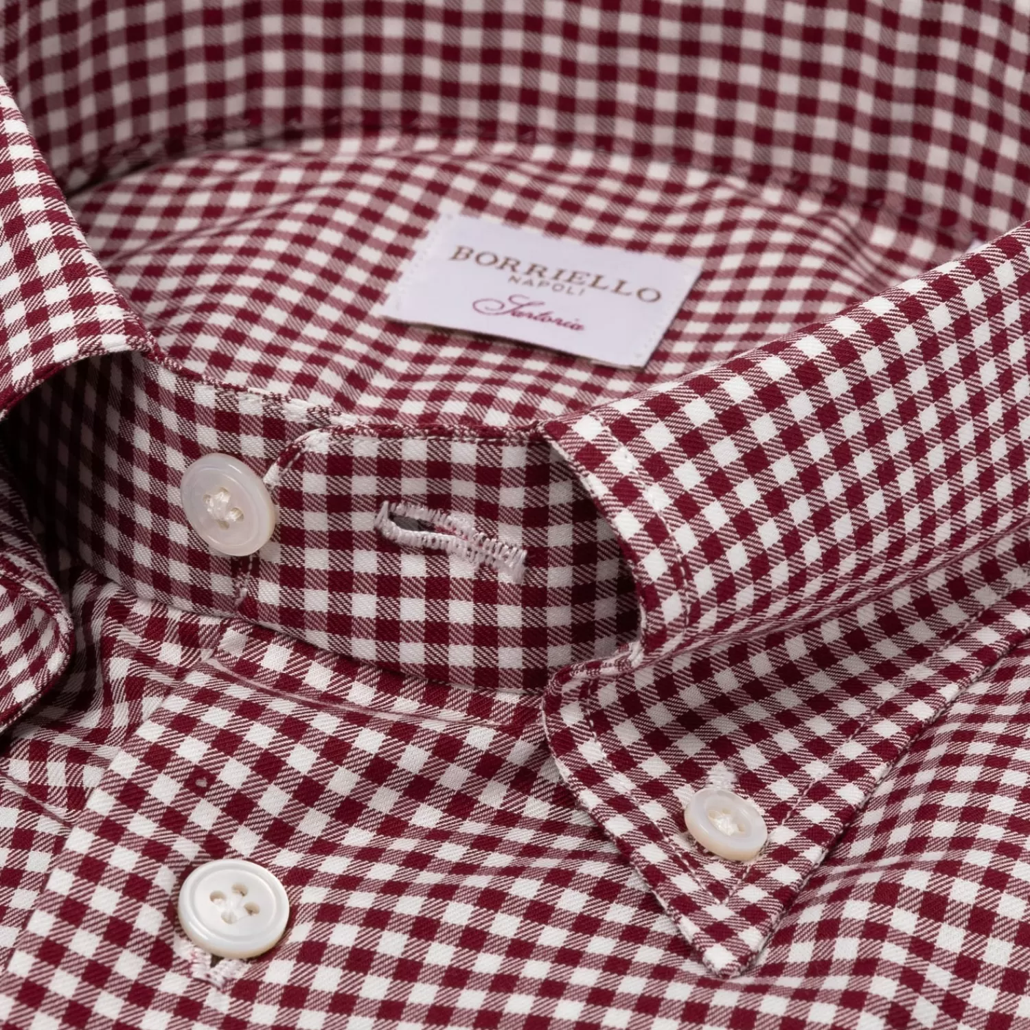 Hemden>Borriello Kariertes Hemd "Royal Twill" mit Button Down Kragen und Sportmanschette - Handarbeit