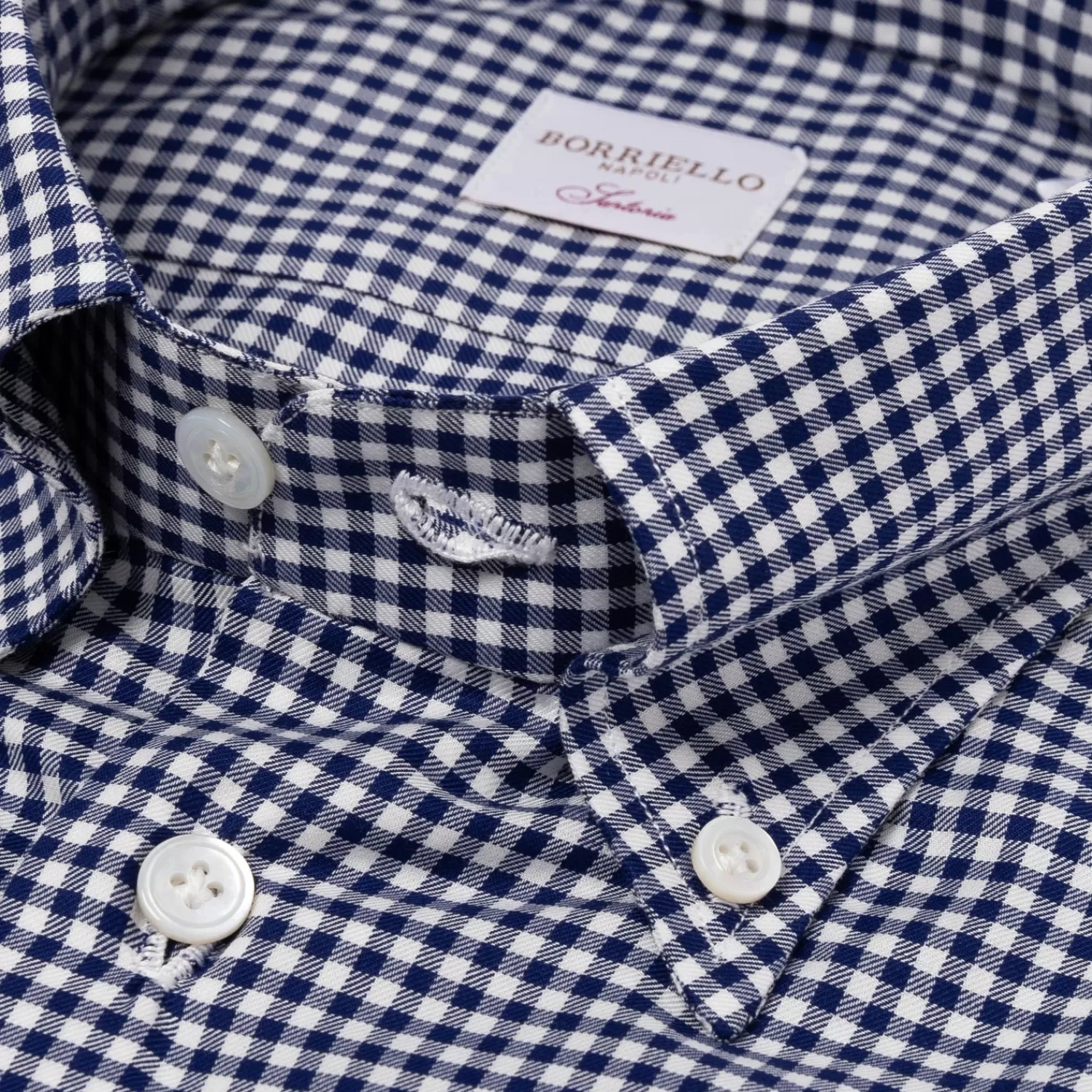 Hemden>Borriello Kariertes Hemd "Royal Twill" mit Button Down Kragen und Sportmanschette - Handarbeit