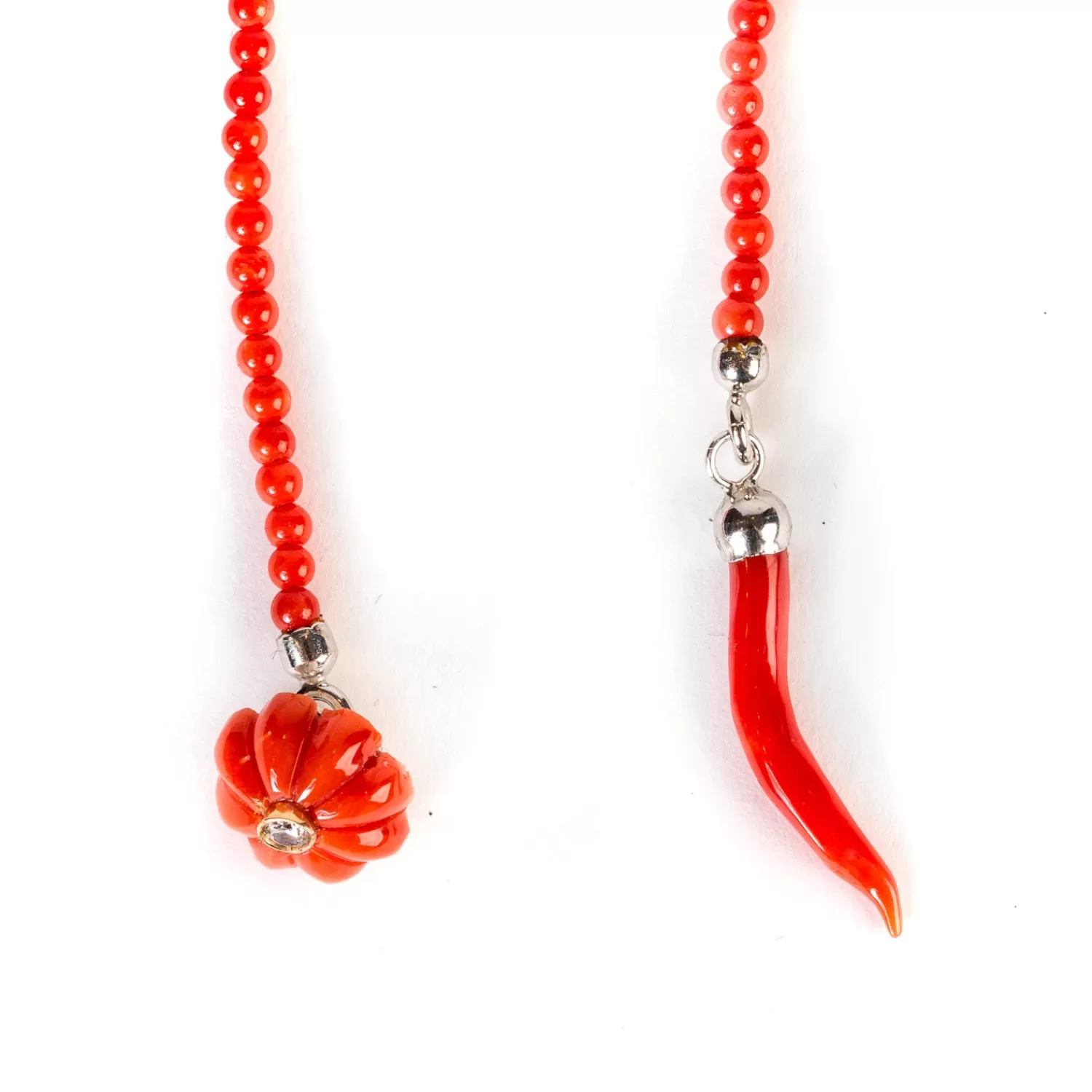 Manschettenknöpfe & Schmuck>Barbarulo Napoli Knopflochkette "Coral Flower Diamond" aus Koralle und Sterling Silber - Handarbeit