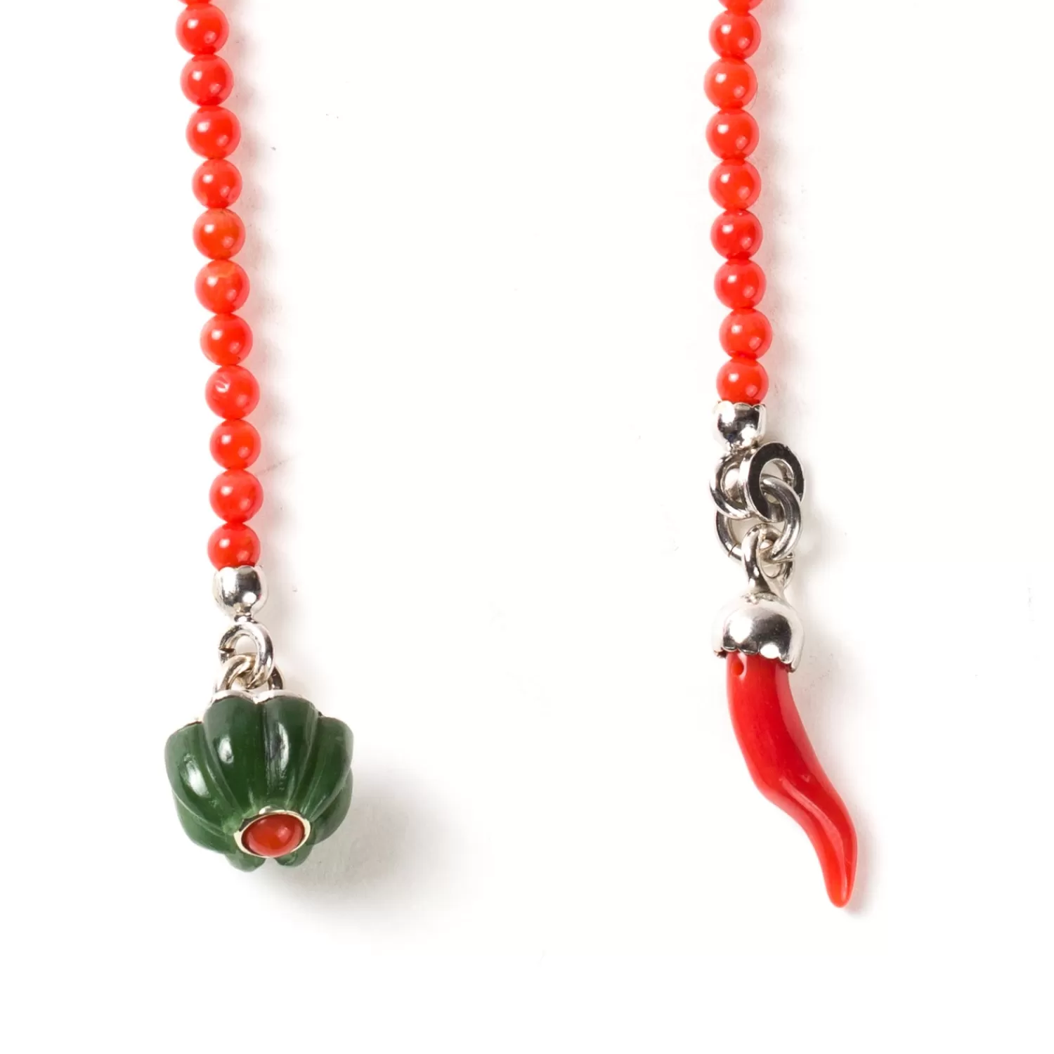 Manschettenknöpfe & Schmuck>Barbarulo Napoli Knopflochkette "Jade & Corail Flower" aus Lapislazuli, Koralle und Sterling Silber - Handarbeit