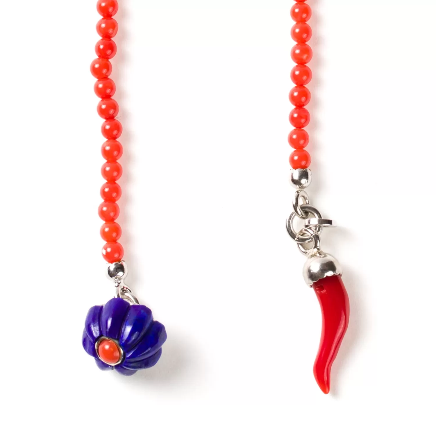 Manschettenknöpfe & Schmuck>Barbarulo Napoli Knopflochkette "Lapislazuli & Corail Flower" aus Lapislazuli, Koralle und Sterling Silber - Handarbeit