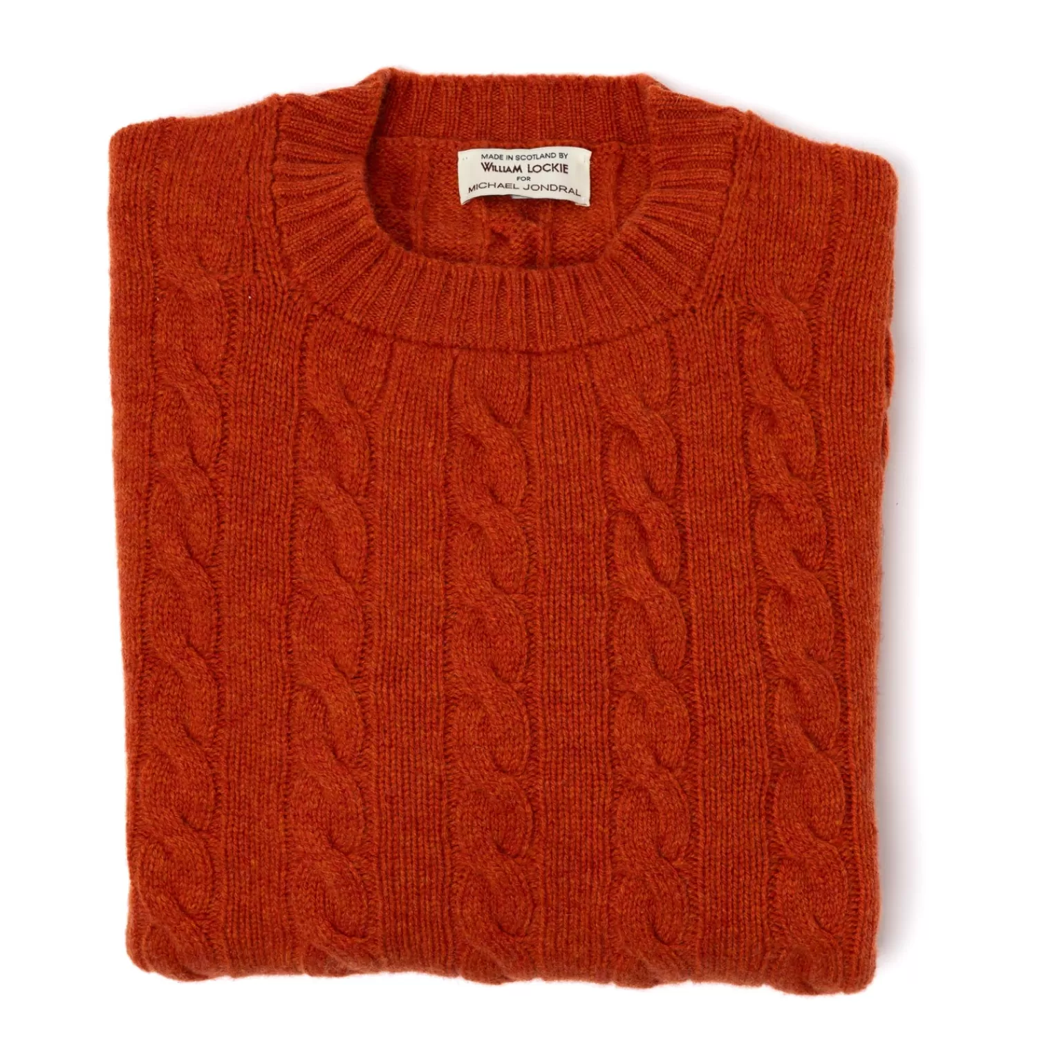 Strickwaren>William Lockie MJ Exklusiv: Pullover "Crew Cable-Rib" aus reiner Geelong Lambswool - 3 Ply  Korallrot-Ember