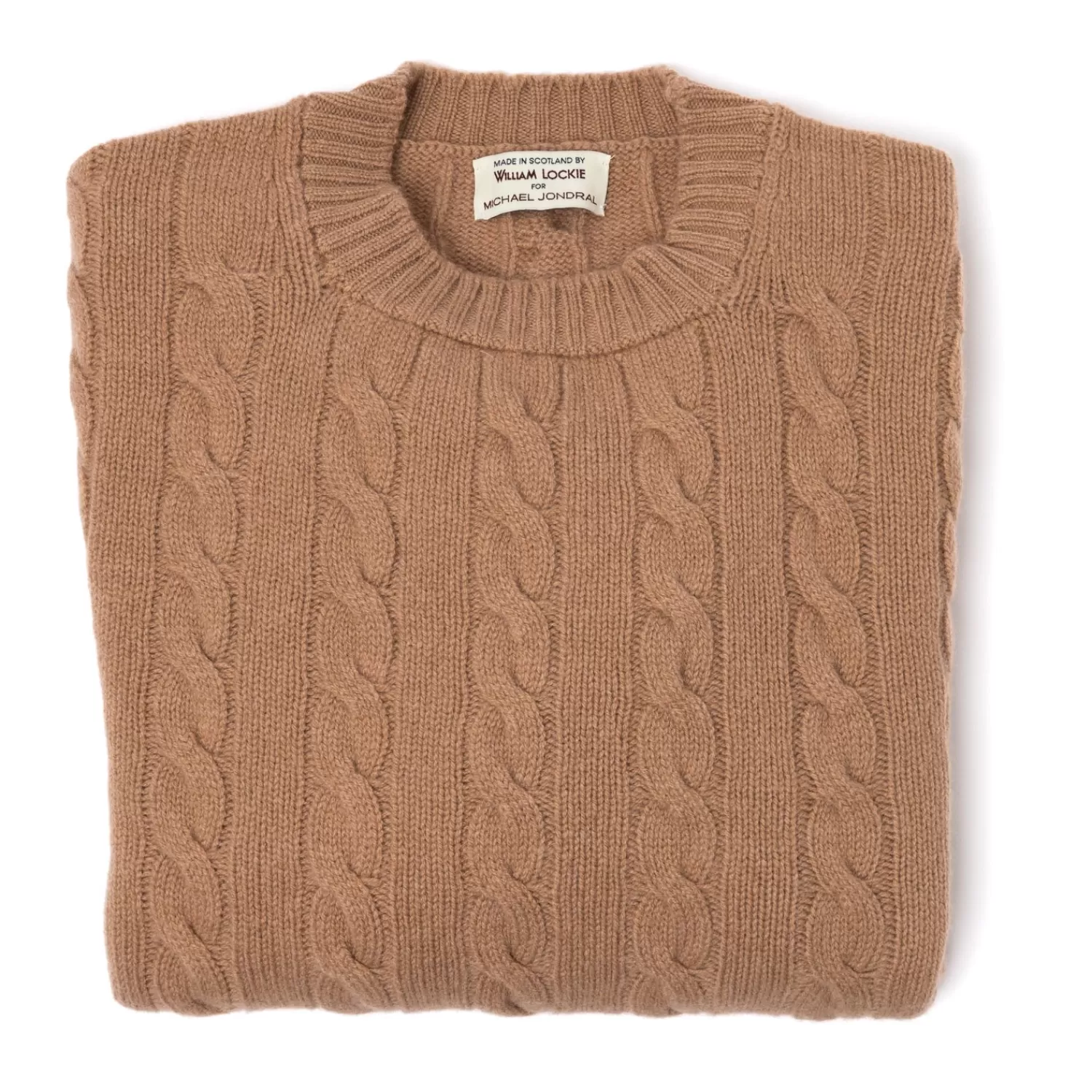 Strickwaren>William Lockie MJ Exklusiv: Pullover "Crew Cable-Rib" aus reiner Geelong Lambswool - 3 Ply Kamelbraun-Camel