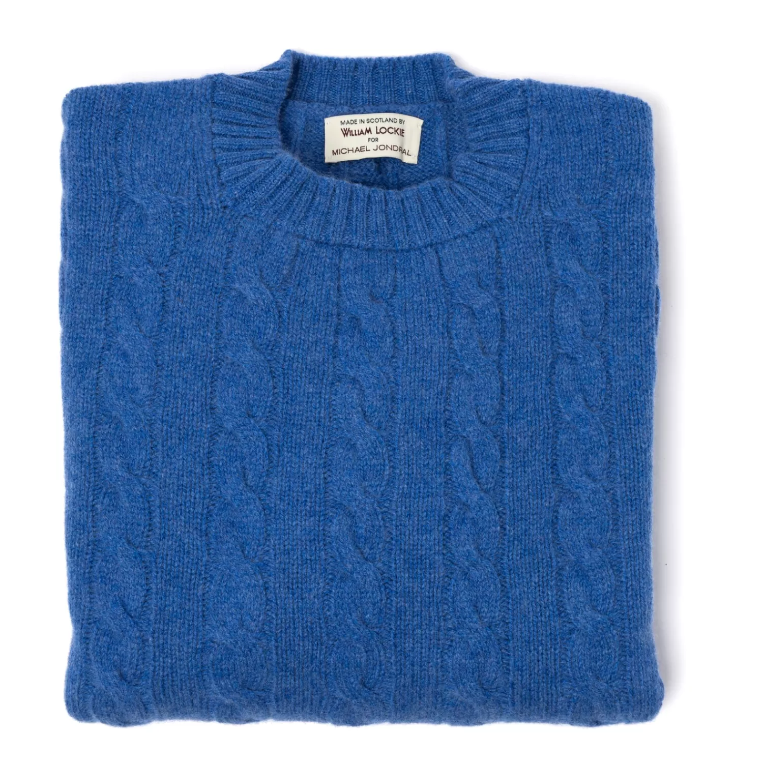 Strickwaren>William Lockie MJ Exklusiv: Pullover "Crew Cable-Rib" aus reiner Geelong Lambswool - 3 Ply Azurblau-River