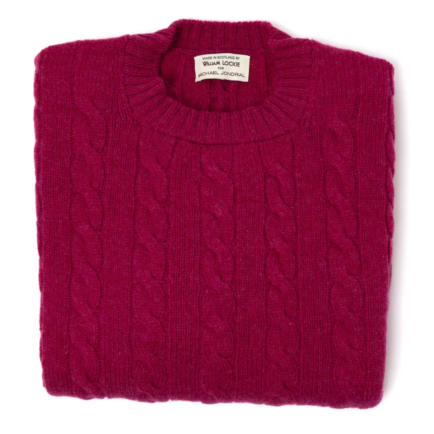 Strickwaren>William Lockie MJ Exklusiv: Pullover "Crew Cable-Rib" aus reiner Geelong Lambswool - 3 Ply Himbeerrot-Vegas