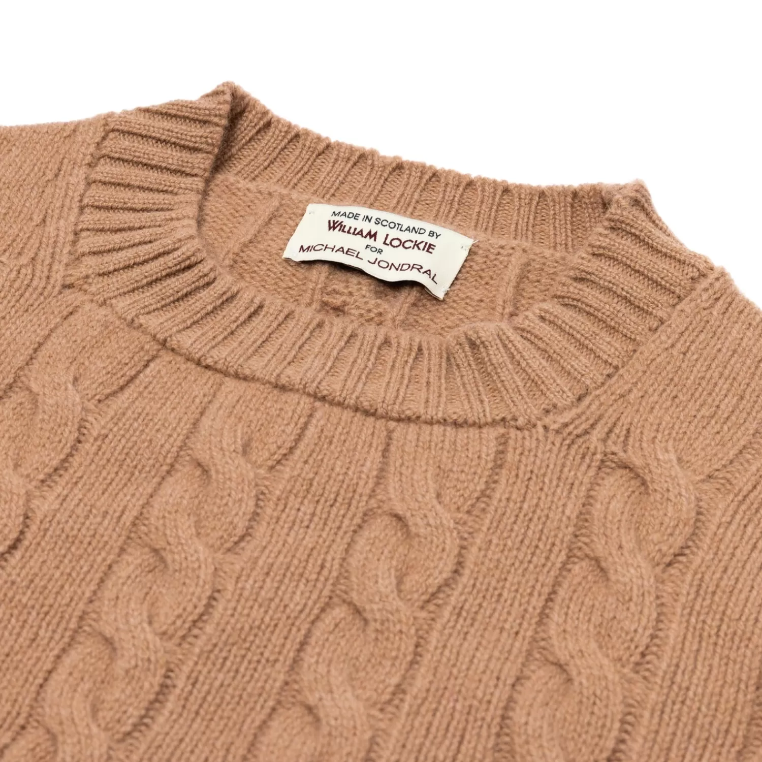 Strickwaren>William Lockie MJ Exklusiv: Pullover "Crew Cable-Rib" aus reiner Geelong Lambswool - 3 Ply Kamelbraun-Camel