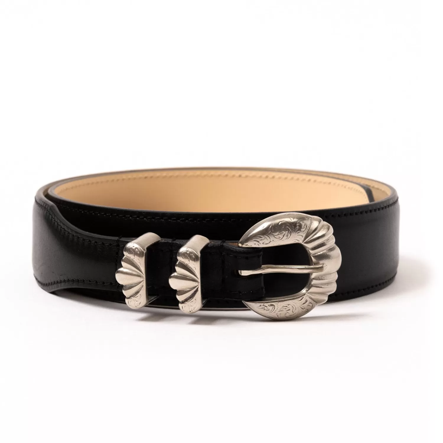 Gürtel | Ivy Men's>Silver Ostrich x MJ: Western-Gürtel "Versailles" aus schwarzem Kalbsleder - Handarbeit  Schwarz