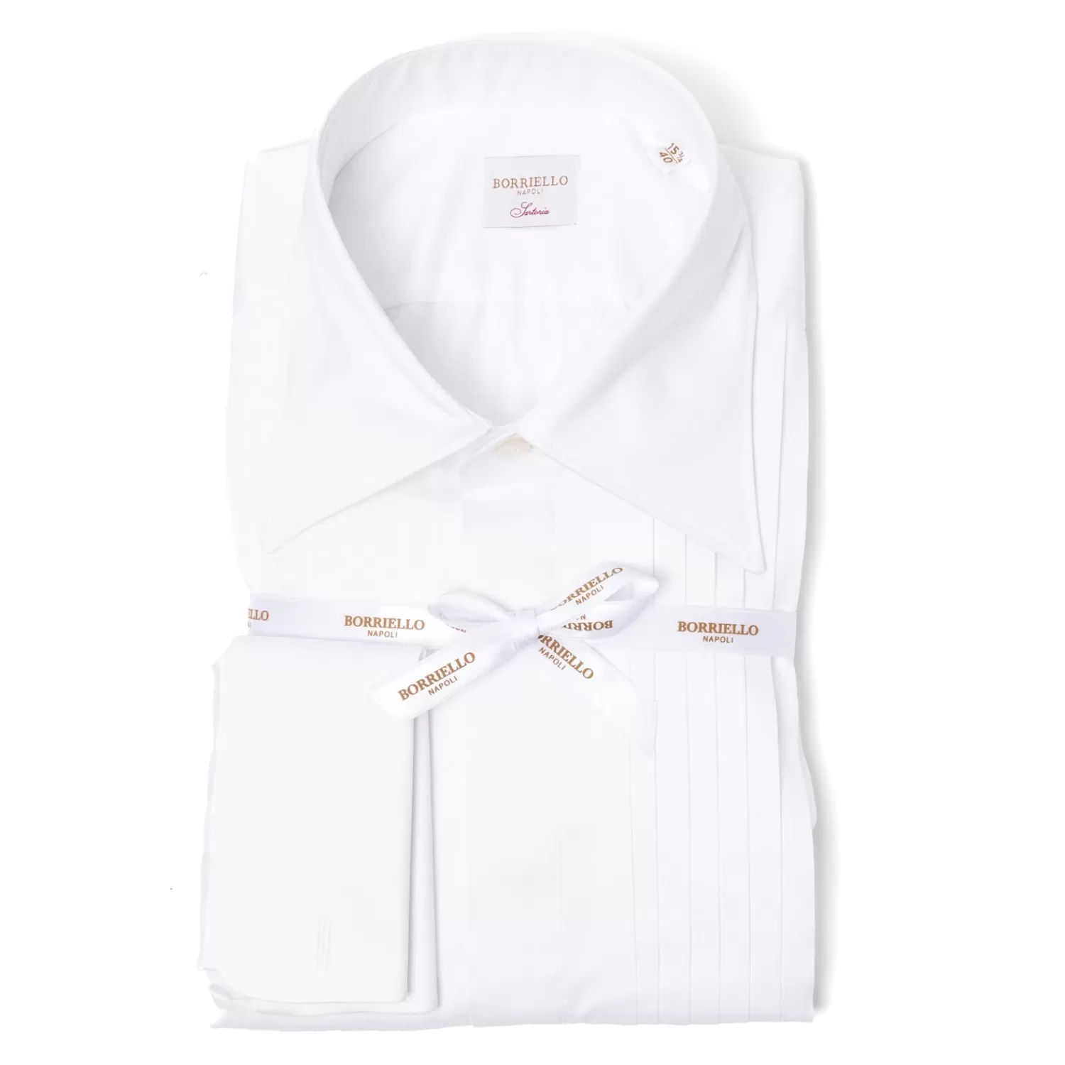 Hemden>Borriello Smokinghemd "Sartorial-Plissee" aus einem Baumwoll-Twill von Thomas Mason - Handarbeit  Weiß