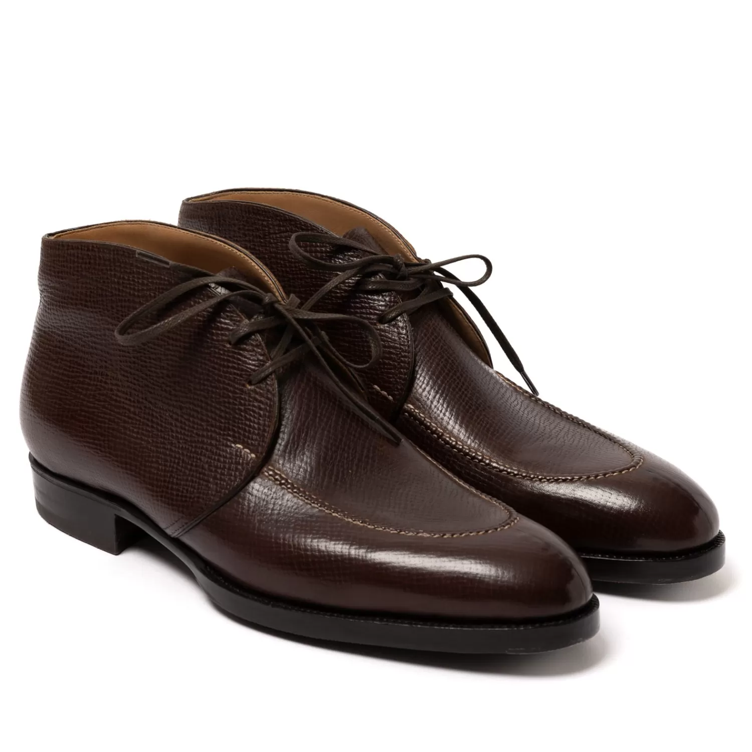 Schuhe>Saint Crispin's Split-Toe-Bootee "Apron-Chukka" aus dunkelbraun genarbtes Kalbsleder "Russian Calf" - reine Handarbeit